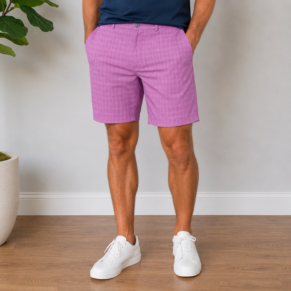 Walter Hagen Men's 34 Performance 11 Easy Waist Golf Shorts Pink Plaid Pockets